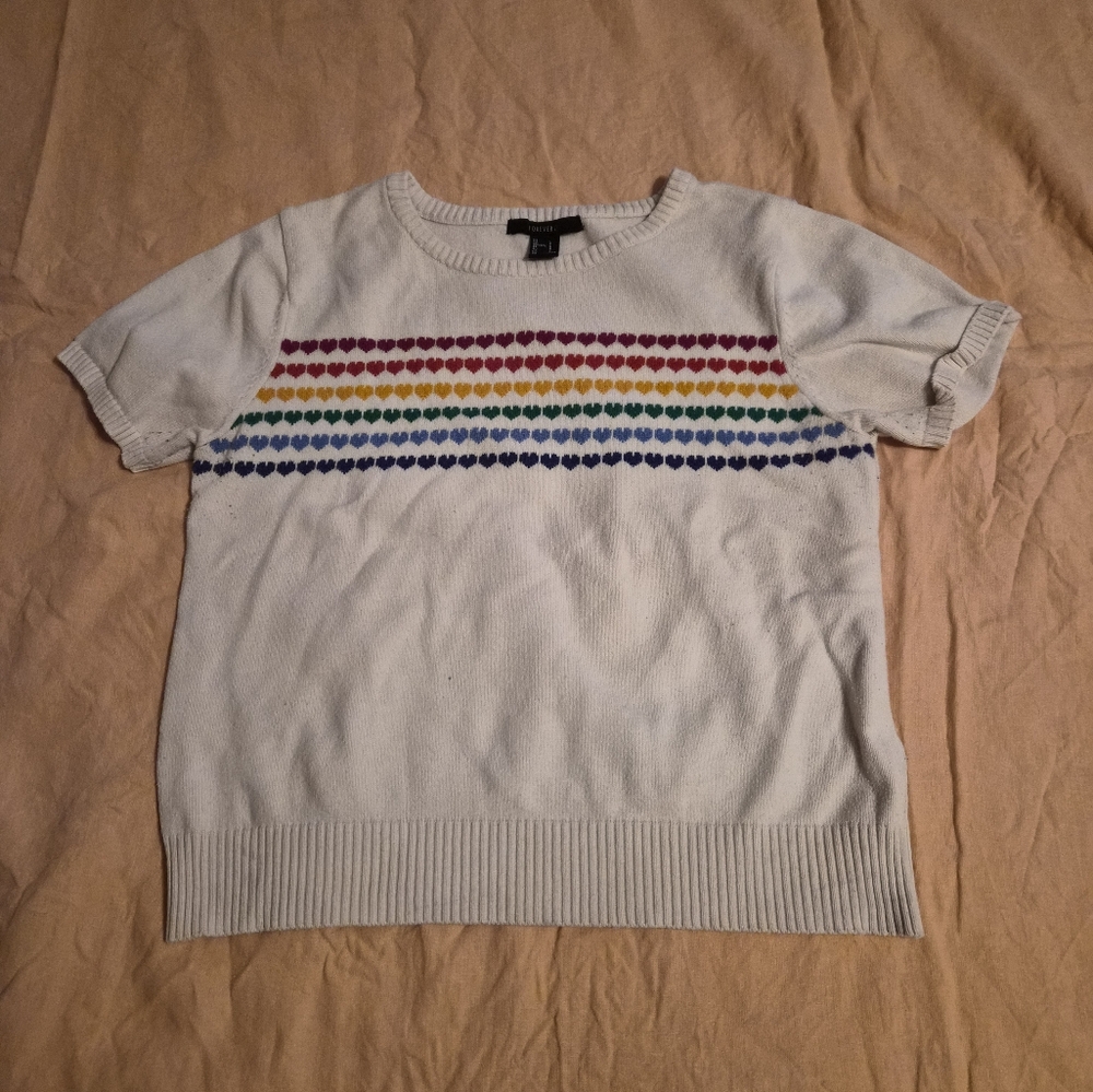 Forever 21 Crop Sweater with Rainbow Heart Pattern